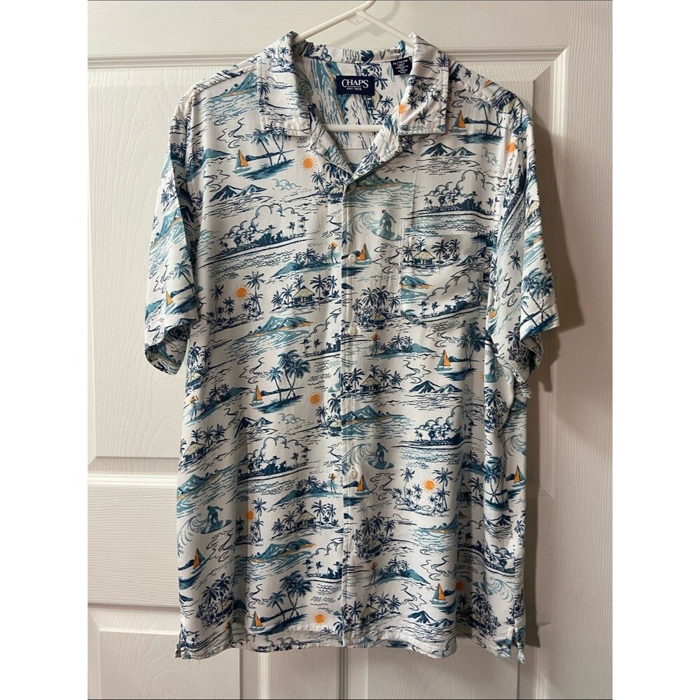 Chaps White Short-Sleeve Tropical Print Button-Down Shirt XL